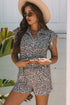 Leopard Print Collared Half Zip Ruffle Sleeve Short Set
