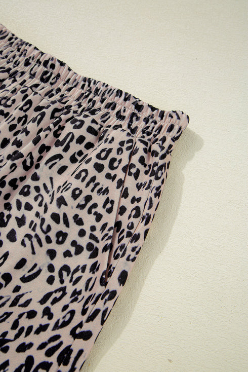 Leopard Print Collared Half Zip Ruffle Sleeve Short Set