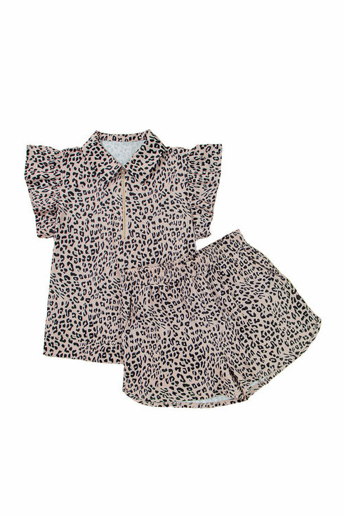 Leopard Print Collared Half Zip Ruffle Sleeve Short Set