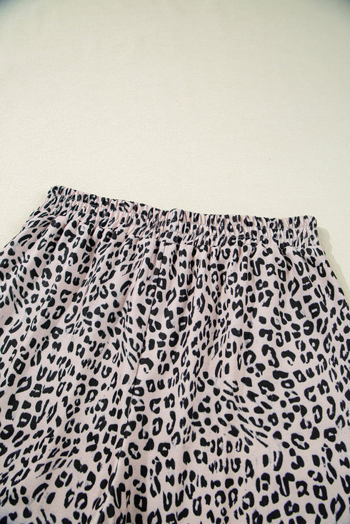 Leopard Print Collared Half Zip Ruffle Sleeve Short Set