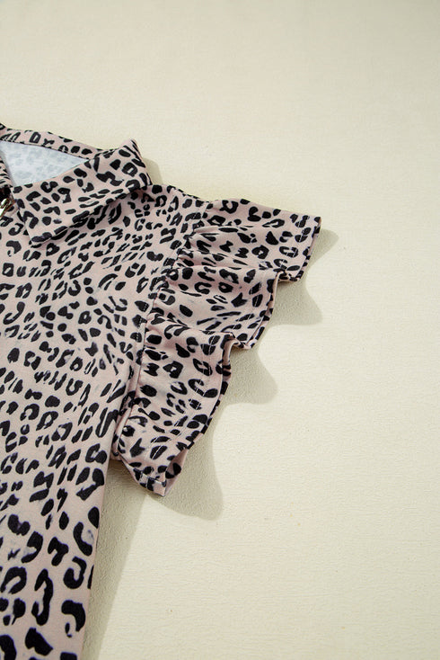 Leopard Print Collared Half Zip Ruffle Sleeve Short Set