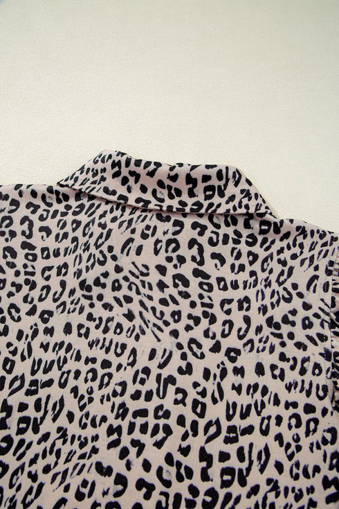 Leopard Print Collared Half Zip Ruffle Sleeve Short Set