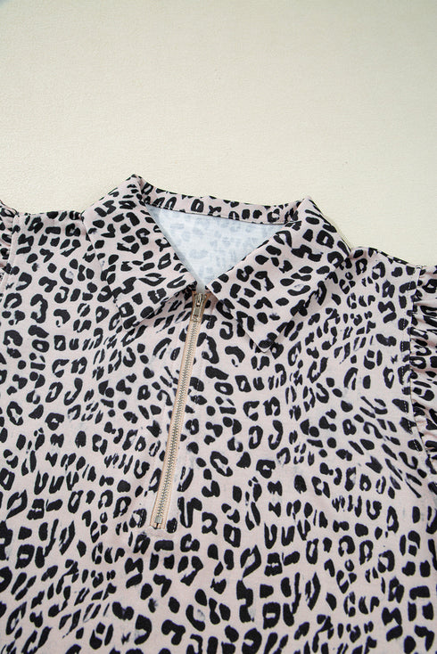 Leopard Print Collared Half Zip Ruffle Sleeve Short Set