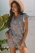 Leopard Print Collared Half Zip Ruffle Sleeve Short Set