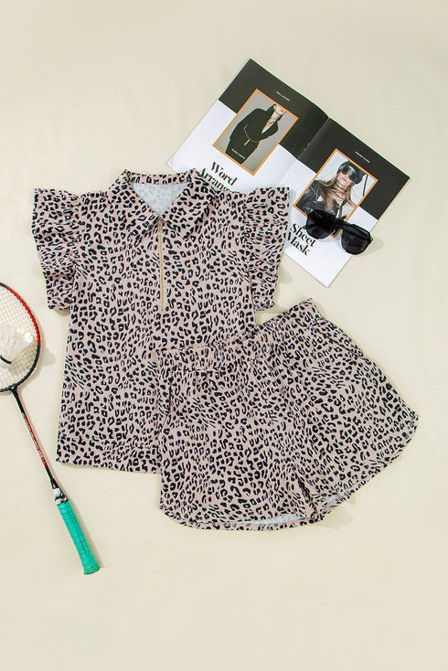Leopard Print Collared Half Zip Ruffle Sleeve Short Set