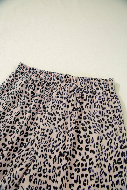 Leopard Print Collared Half Zip Ruffle Sleeve Short Set