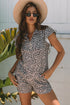 Leopard Print Collared Half Zip Ruffle Sleeve Short Set