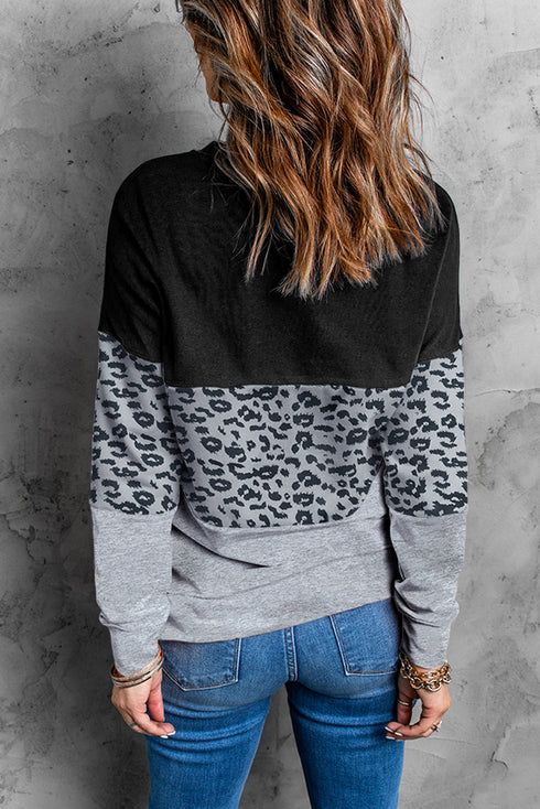 Leopard Print Color Block Drop Shoulder Pullover Sweatshirt