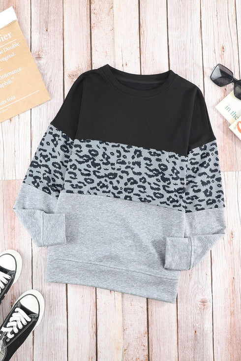 Leopard Print Color Block Drop Shoulder Pullover Sweatshirt