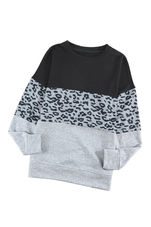 Leopard Print Color Block Drop Shoulder Pullover Sweatshirt