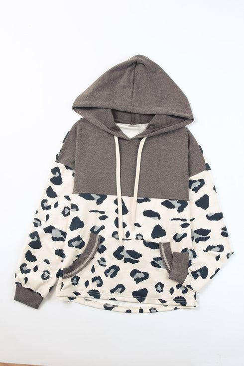 Leopard Print Color Block Pocketed Drawstring Hoodie