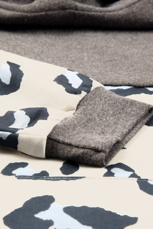 Leopard Print Color Block Pocketed Drawstring Hoodie