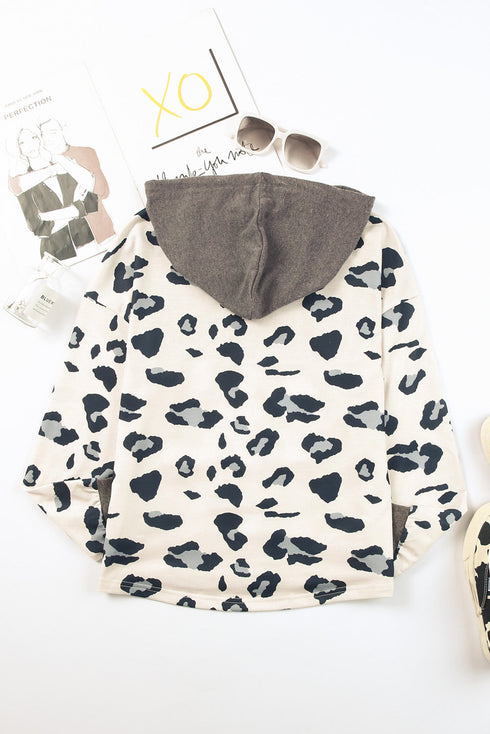 Leopard Print Color Block Pocketed Drawstring Hoodie
