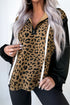 Leopard Print Color Block Quarter Zip Contrast Stitch Pullover Hoodie