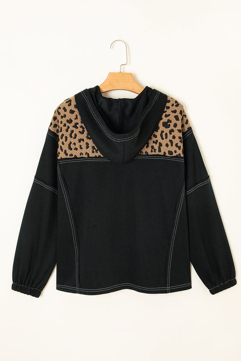 Leopard Print Color Block Quarter Zip Contrast Stitch Pullover Hoodie