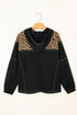 Leopard Print Color Block Quarter Zip Contrast Stitch Pullover Hoodie