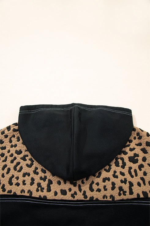 Leopard Print Color Block Quarter Zip Contrast Stitch Pullover Hoodie