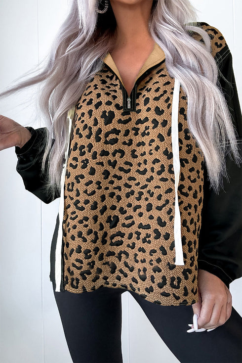 Leopard Print Color Block Quarter Zip Contrast Stitch Pullover Hoodie