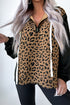 Leopard Print Color Block Quarter Zip Contrast Stitch Pullover Hoodie