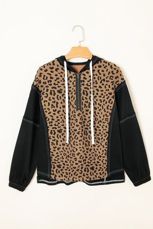 Leopard Print Color Block Quarter Zip Contrast Stitch Pullover Hoodie