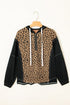 Leopard Print Color Block Quarter Zip Contrast Stitch Pullover Hoodie