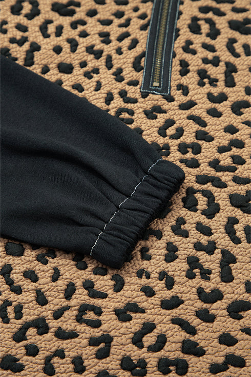Leopard Print Color Block Quarter Zip Contrast Stitch Pullover Hoodie