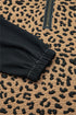 Leopard Print Color Block Quarter Zip Contrast Stitch Pullover Hoodie