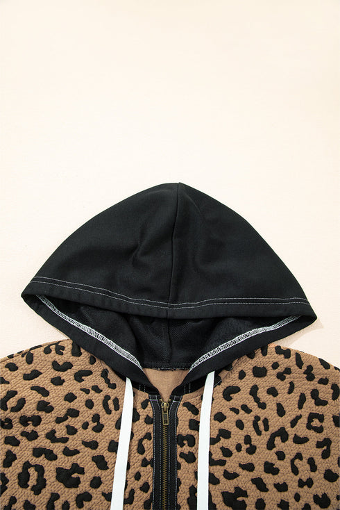 Leopard Print Color Block Quarter Zip Contrast Stitch Pullover Hoodie