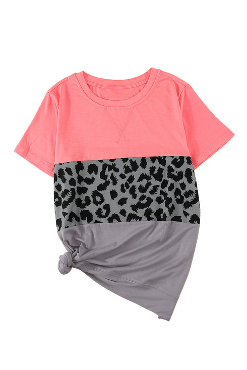 Leopard Print Color Block Short Sleeve T-Shirt