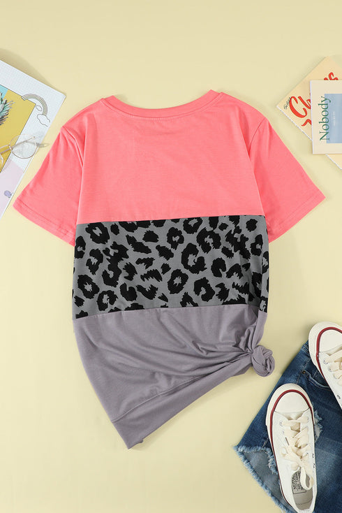 Leopard Print Color Block Short Sleeve T-Shirt