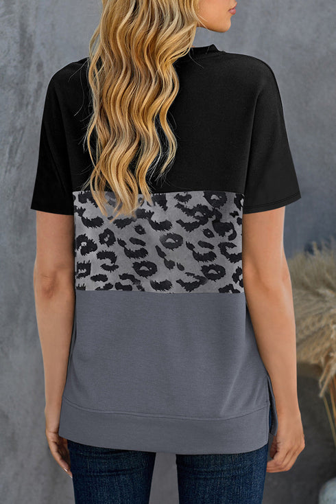Leopard Print Color Block Short Sleeve T-Shirt