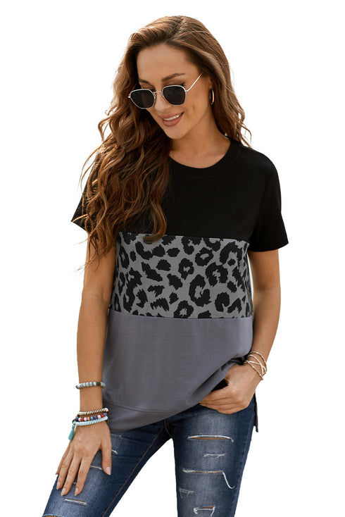 Leopard Print Color Block Short Sleeve T-Shirt