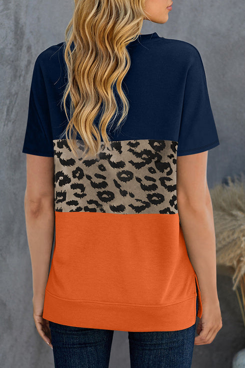 Leopard Print Color Block Short Sleeve T-Shirt