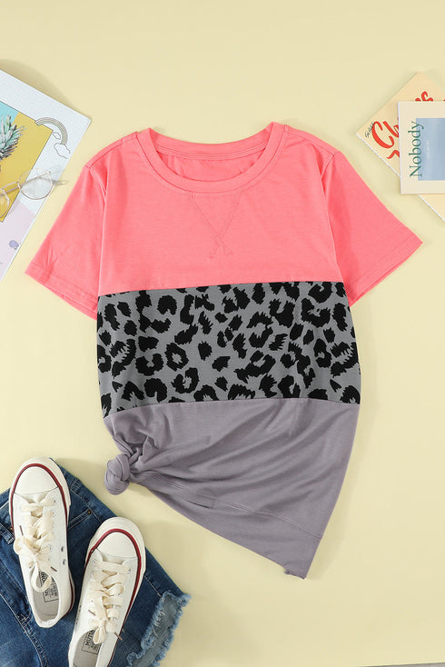 Leopard Print Color Block Short Sleeve T-Shirt