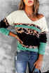 Leopard Print Color Block V Neck Sweater