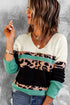 Leopard Print Color Block V Neck Sweater