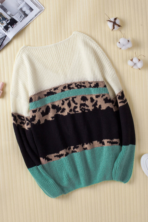 Leopard Print Color Block V Neck Sweater