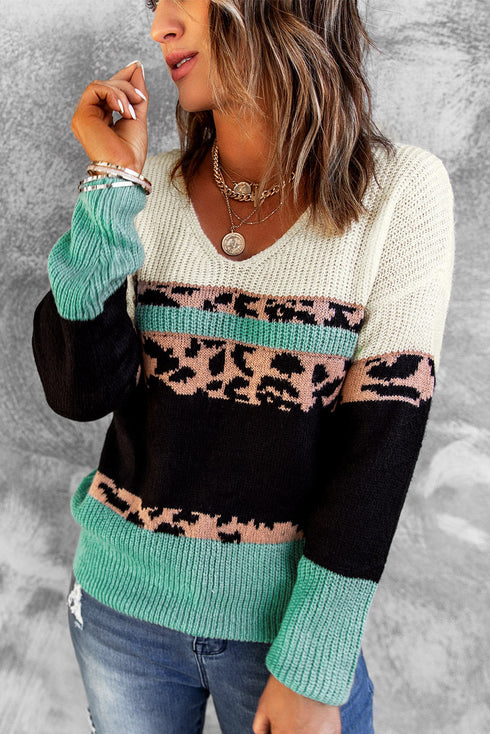 Leopard Print Color Block V Neck Sweater