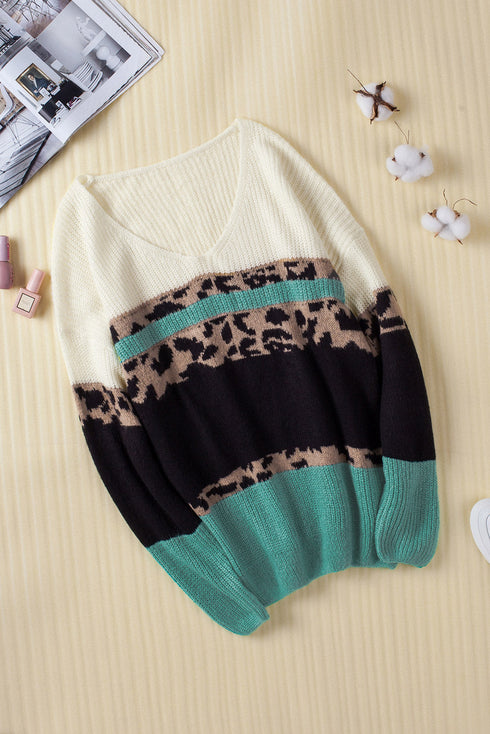 Leopard Print Color Block V Neck Sweater