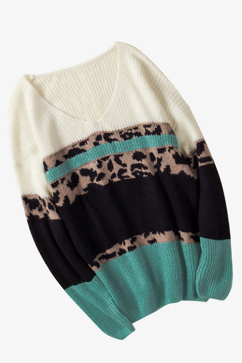 Leopard Print Color Block V Neck Sweater