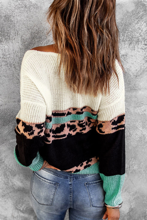 Leopard Print Color Block V Neck Sweater