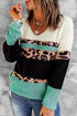 Leopard Print Color Block V Neck Sweater