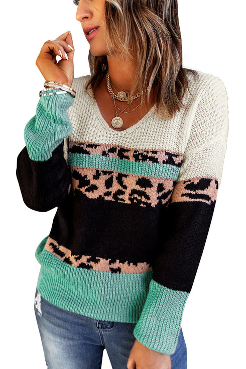 Leopard Print Color Block V Neck Sweater