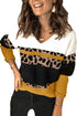 Leopard Print Color Block V Neck Sweater