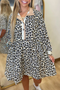Leopard Print Contrast Collar Long Sleeve Flared Babydoll Shirt Dress