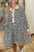 Leopard Print Contrast Collar Long Sleeve Flared Babydoll Shirt Dress