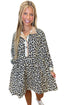Leopard Print Contrast Collar Long Sleeve Flared Babydoll Shirt Dress