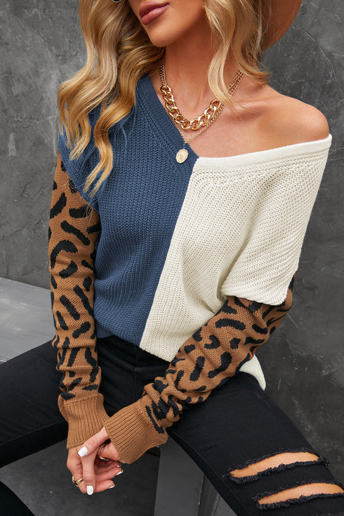 Leopard Print Contrast Color V Neck Sweater