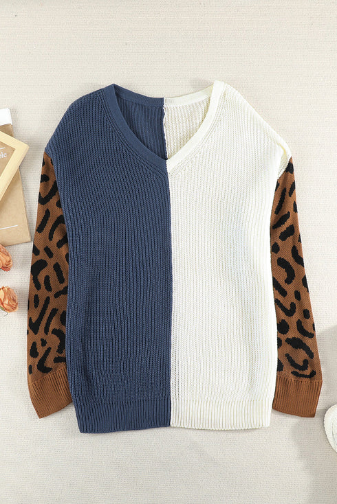 Leopard Print Contrast Color V Neck Sweater