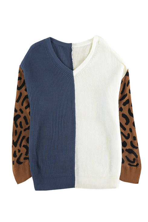 Leopard Print Contrast Color V Neck Sweater